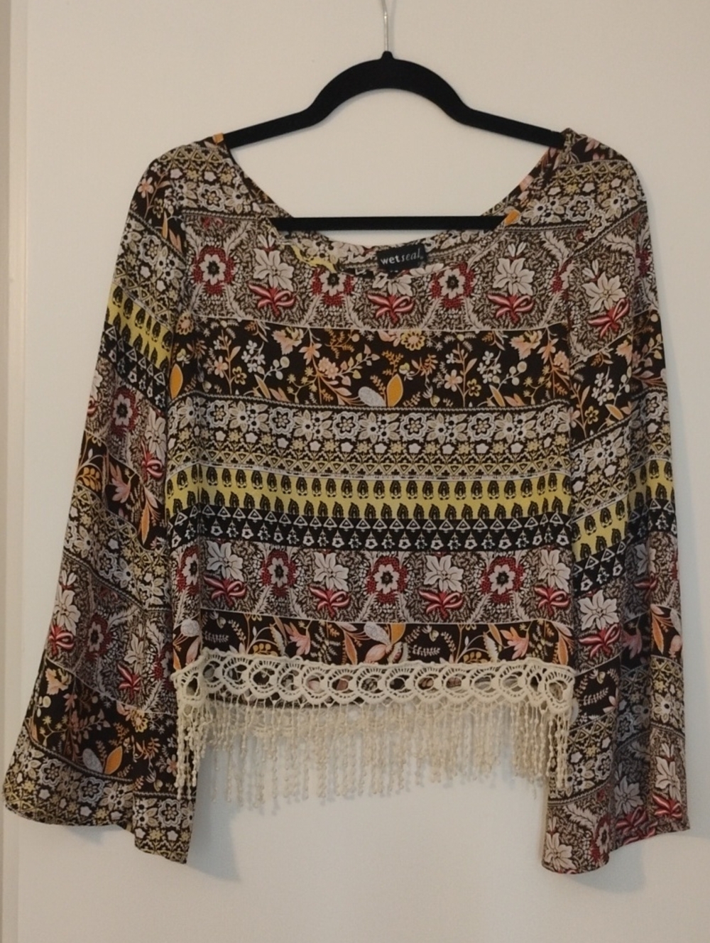 Wet Seal Floral Fringe Cropped Boho Top in Black, Yellow, Red